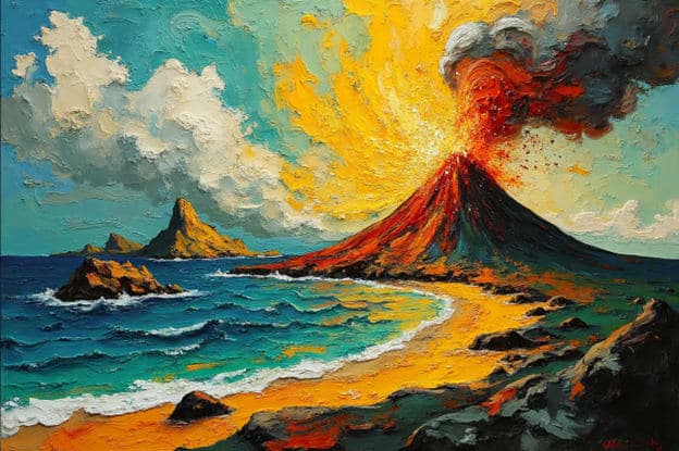 Volcano Eruption Beach Rocky Island Foreground