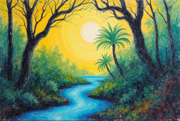 Tropical River Palm Trees Sun Forest