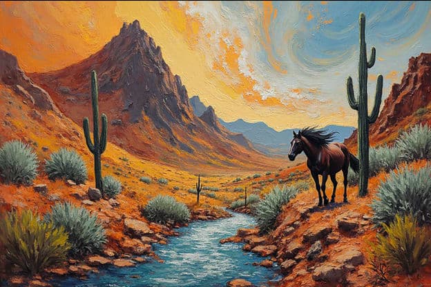 Desert Canyon Horse Cactus Stream Sunset