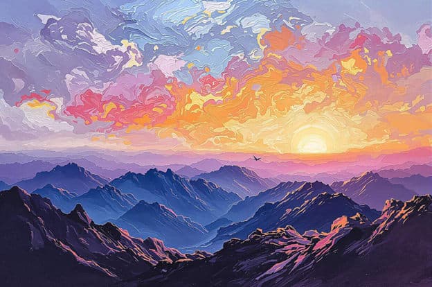 Geometric Mountains Pink Purple Sunset Bird