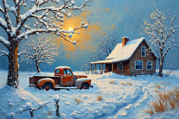 Snowy Farmhouse Truck Full Moon