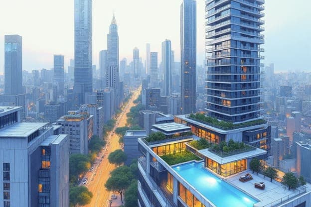 Futuristic City Skyline Rooftop Pool