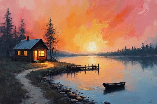 Lakeside Cabin Fiery Sunset Dock Boat