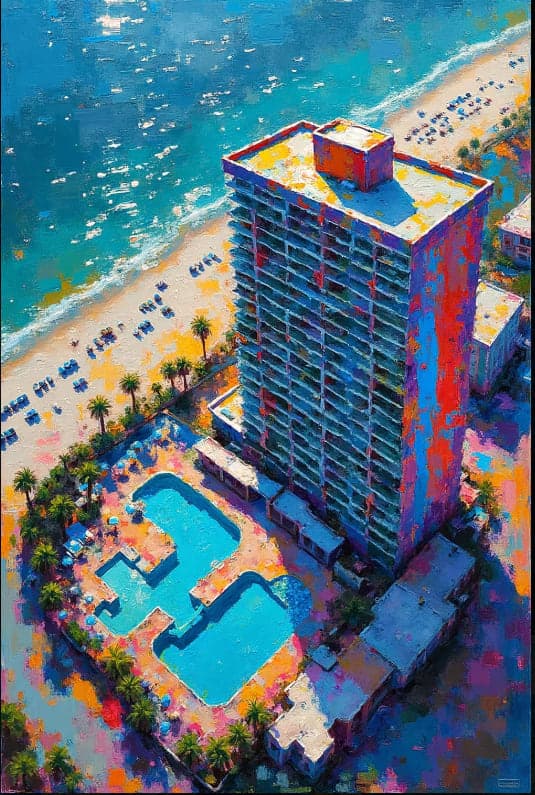 Aerial Beachfront Highrise Hotel Pool