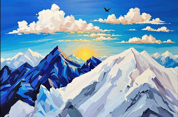 Snow Capped Mountain Peaks Bird Sunburst