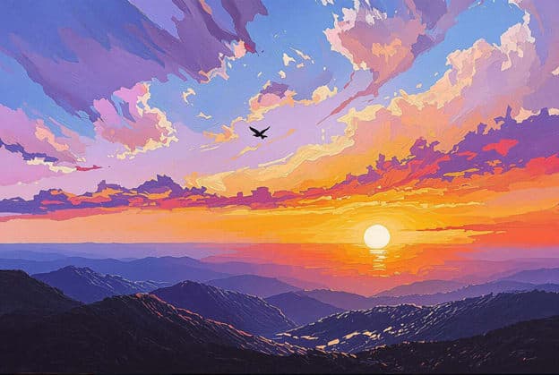 Mountain Range Sunset Painterly Bird