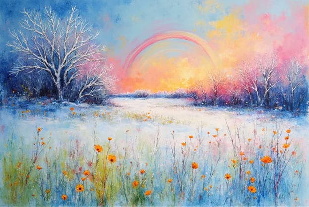 Winter Field Bare Trees Rainbow Arc