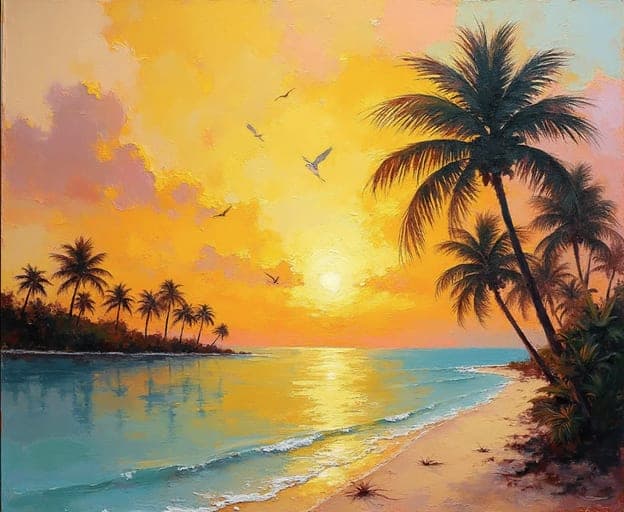 Tropical Beach Sunset Palms Birds