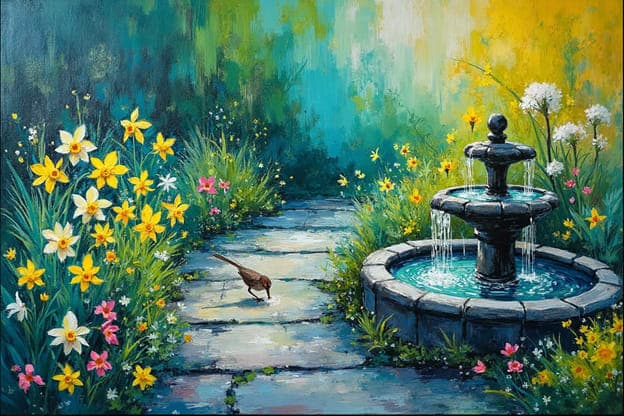 Garden Path Daffodils Bird Puddle