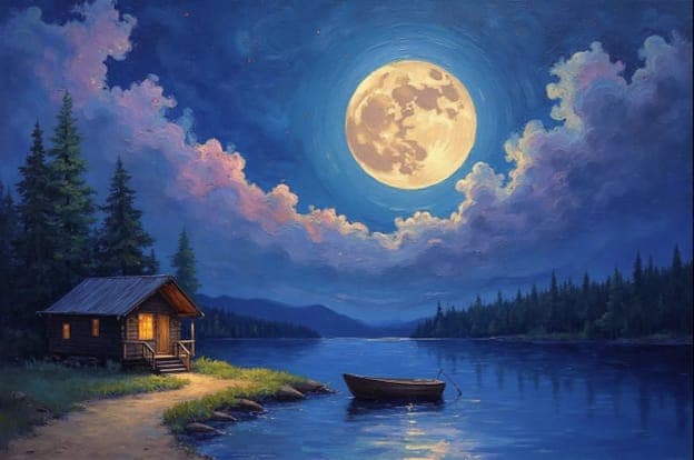 Moonlit Lake Cabin Boat Dock Pines