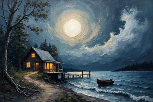 Moonlit Lakeside Cabin Swirling Clouds Tree