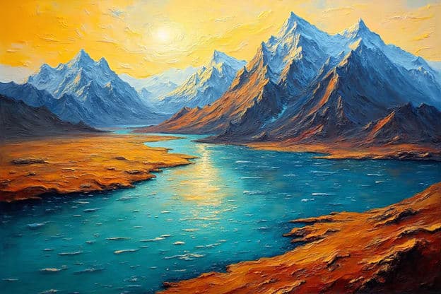 Teal Orange Mountain Range River Valley Impasto