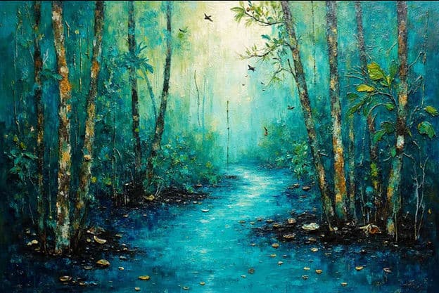 Teal Forest Path Stream Birds Impasto
