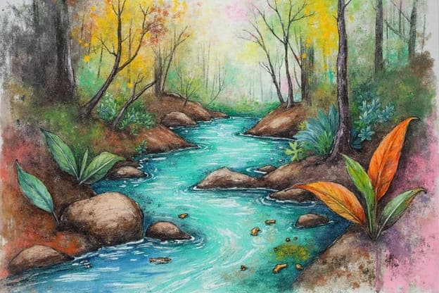Forest Stream Autumn Leaves Mixed Media