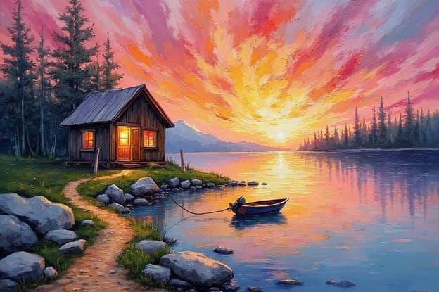 Lakeside Cabin Boat Fiery Sunset Impasto