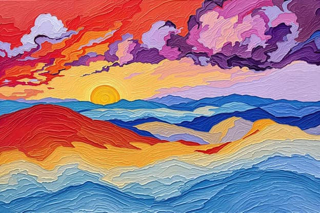 Geometric Sunset Hills Red Orange Blue Waves