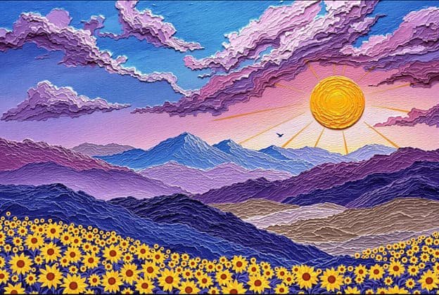 Impasto Sunflower Field Mountains Sunrise
