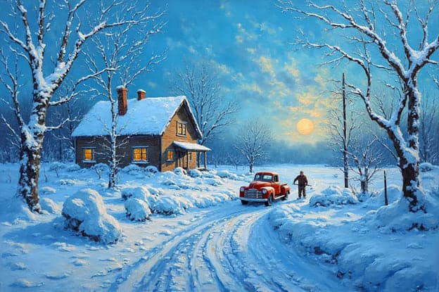 Snowy Farmhouse Red Truck Full Moon