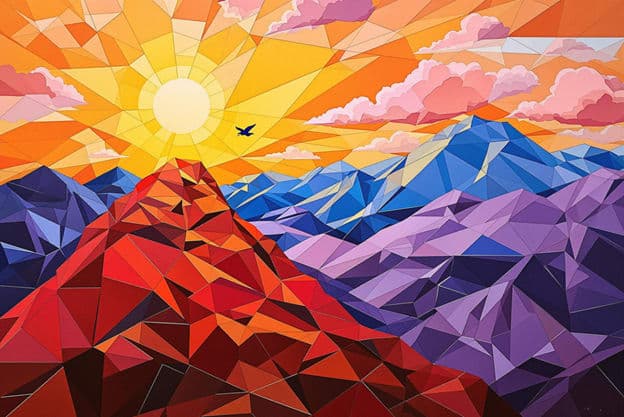 Geometric Mountains Sunburst Bird Red Blue