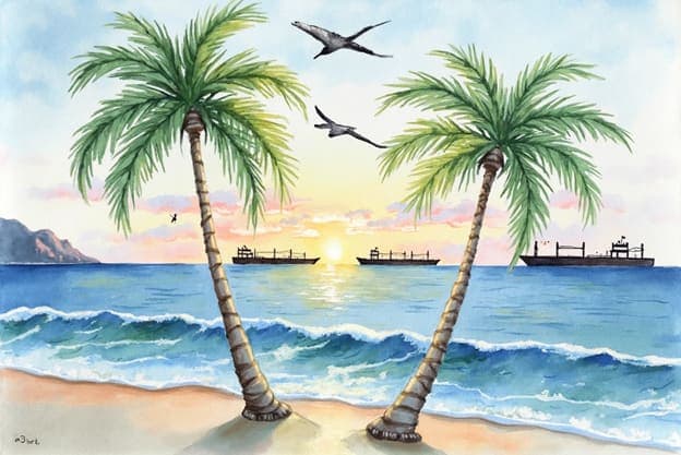 Palm Trees Beach Cargo Ships Sunset Birds