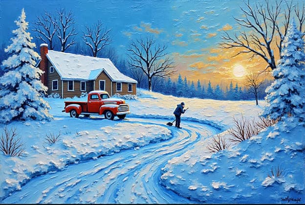 Snowy Farmhouse Red Truck Shoveling Sunset
