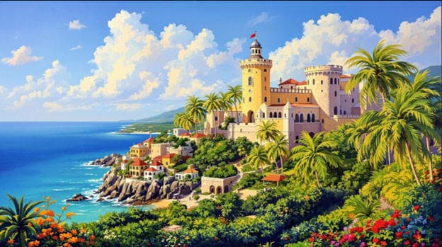 Coastal Castle Tower Palm Trees Clouds