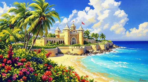 Coastal Castle Beach Palms Tropical Flowers