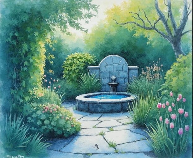 Garden Fountain Tulips Stone Alcove