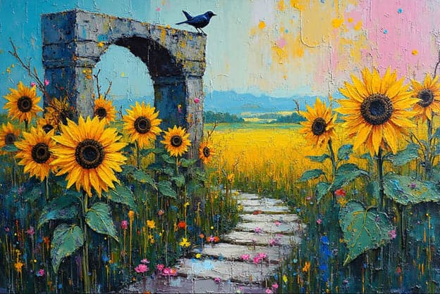 Sunflower Field Stone Archway Bird