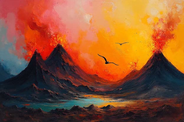 Erupting Volcanoes Fiery Sky Birds