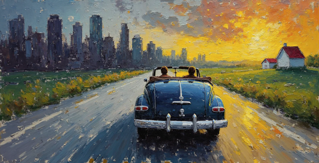 Vintage Convertible Country Road City Sunset