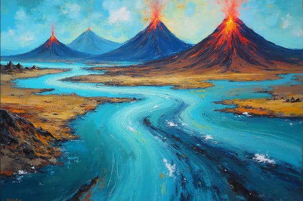 Erupting Volcanoes River Mountains