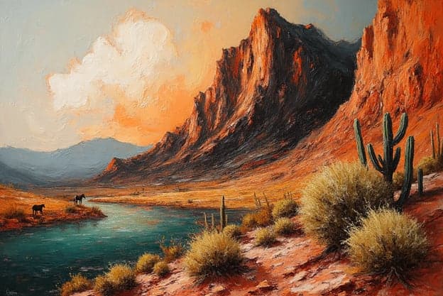 Desert Canyon Horses Stream Orange Cliffs