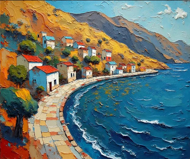 Coastal Village Hillside Bay Impasto