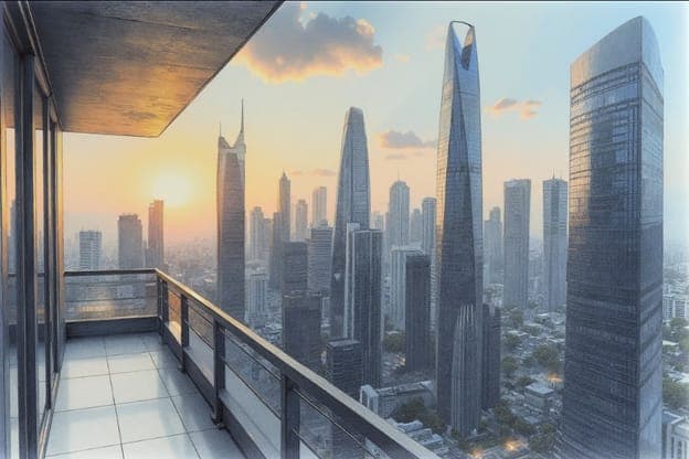 Pencil Sketch City Skyline Balcony Sunrise