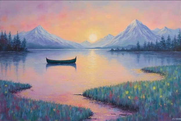 Mountain Lake Canoe Sunset Reflection