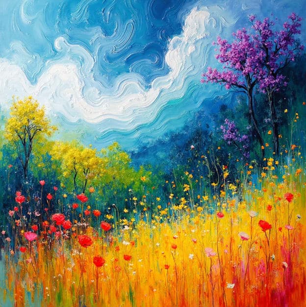 Impasto Wildflower Field Swirl Sky Tree