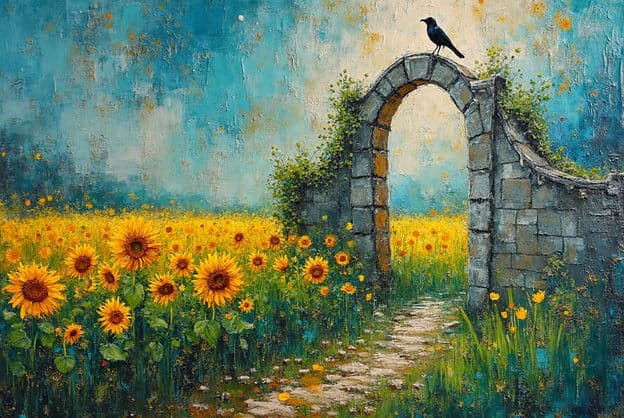 Sunflower Field Stone Archway Crow