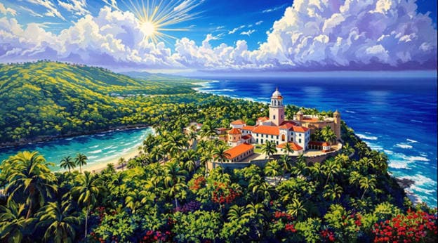 Coastal Village Hilltop Cathedral Aerial