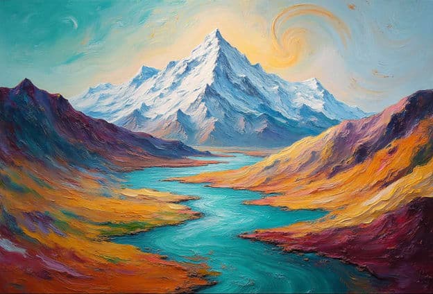 Impasto Snowcap Mountains River Swirl Sky