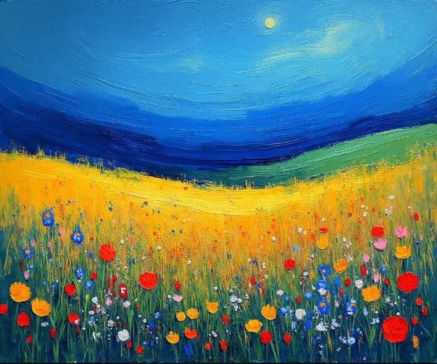 Impasto Wildflower Field Moonlit Hills