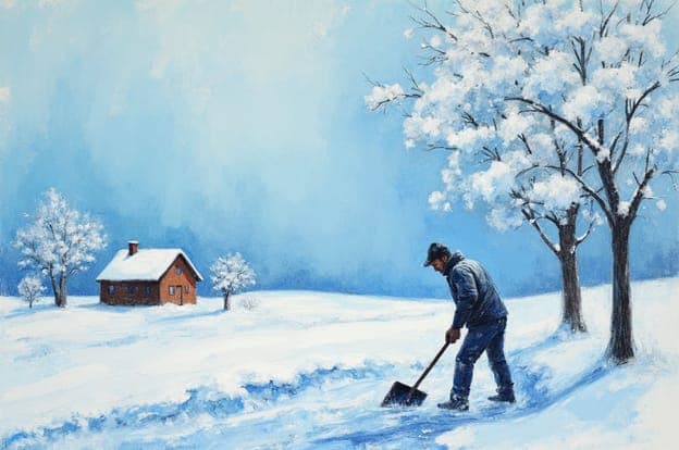Snowy Farmhouse Shoveling Winter Trees