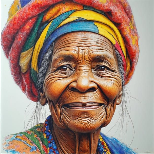 Elder Portrait Red Yellow Headwrap Pencil