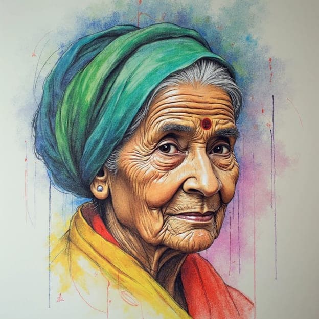 Elder Portrait Green Headwrap Bindi Pencil