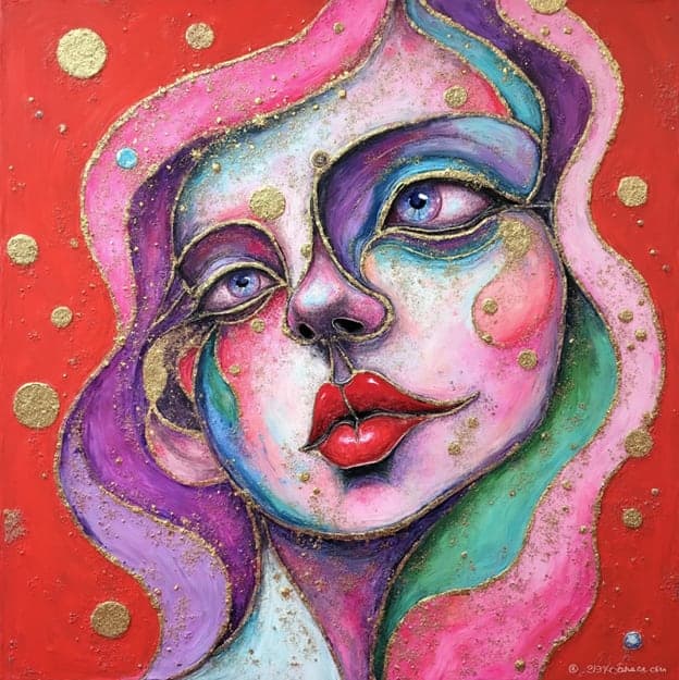 Abstract Face Red Gold Dots Portrait