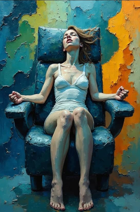 Woman Teal Armchair White Dress Sunlit