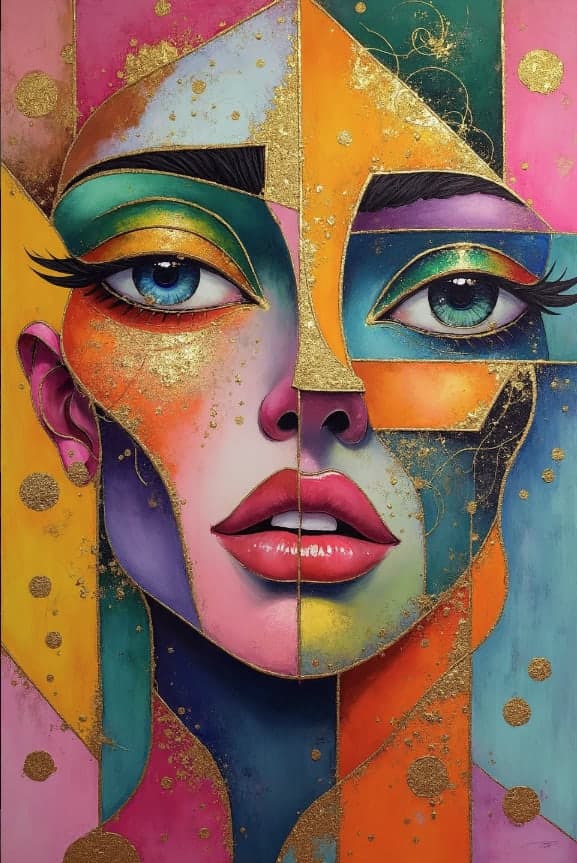 Geometric Split Face Colorful Gold Leaf Portrait