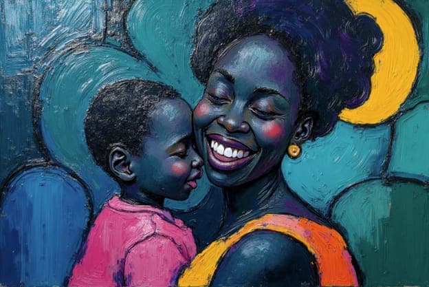 Mother Child Embrace Portrait Teal Moon