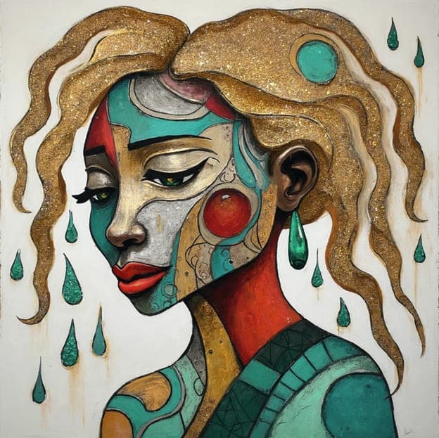 Art Deco Mosaic Face Teardrops Red Teal