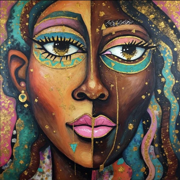 Split Face Pink Teal Gold Glitter Portrait